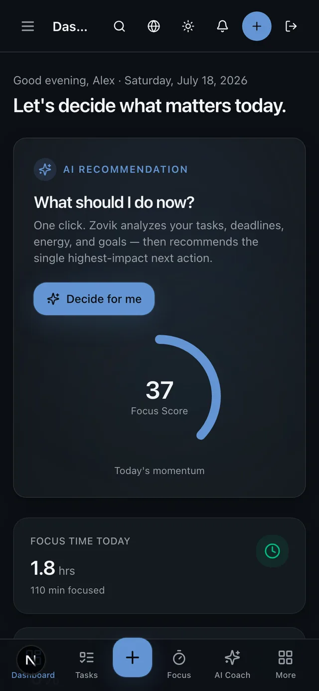 The next best action in your pocket — the full Zovik on every screen.